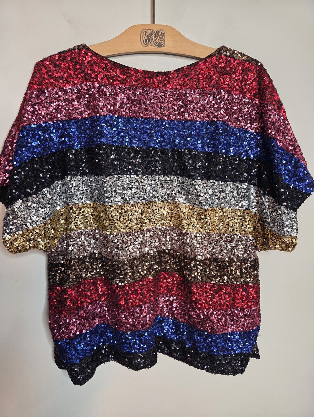 GAP Multicolor Striped Sequin Top Blouse Women's S/M Oversized Short Sleeve - Picture 4 of 5